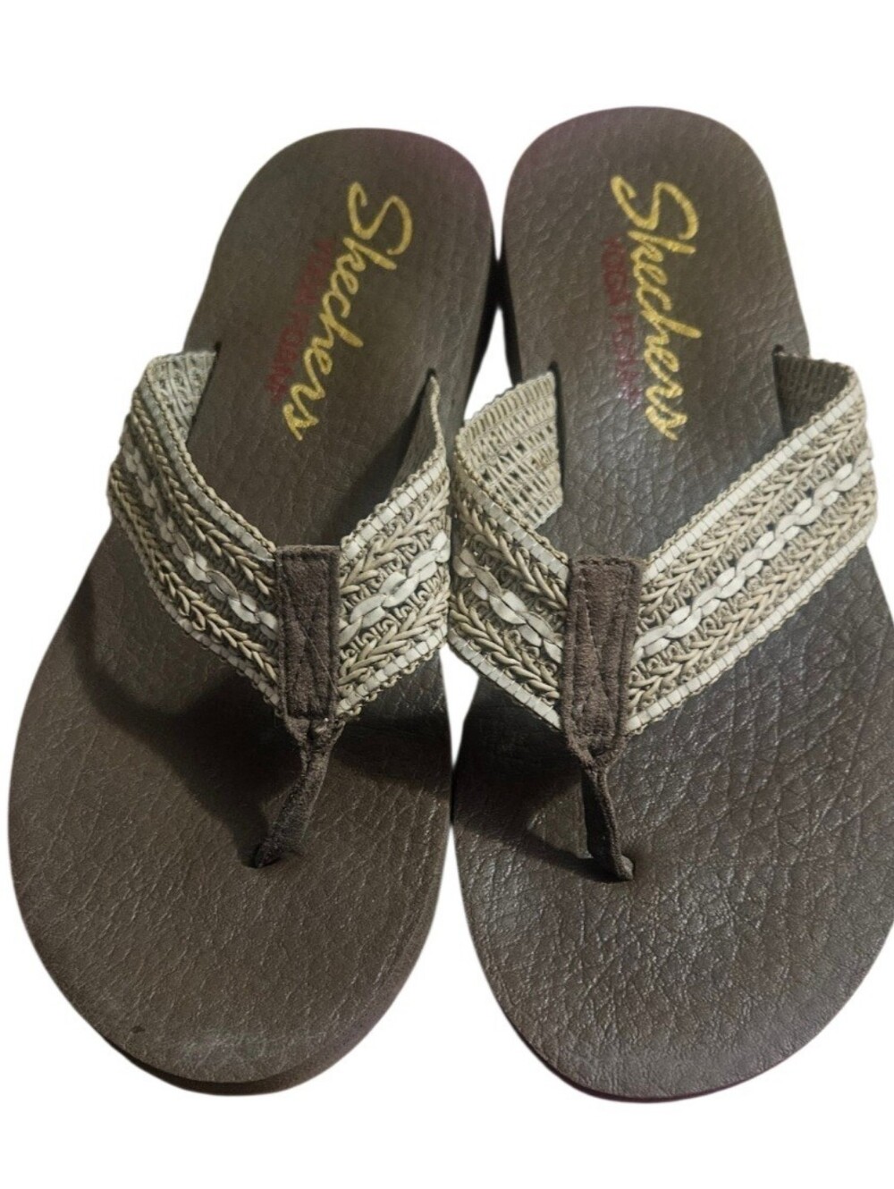 Skechers Brown & Tan Embellished Great Condition Flats Slip On Sandals Size 8